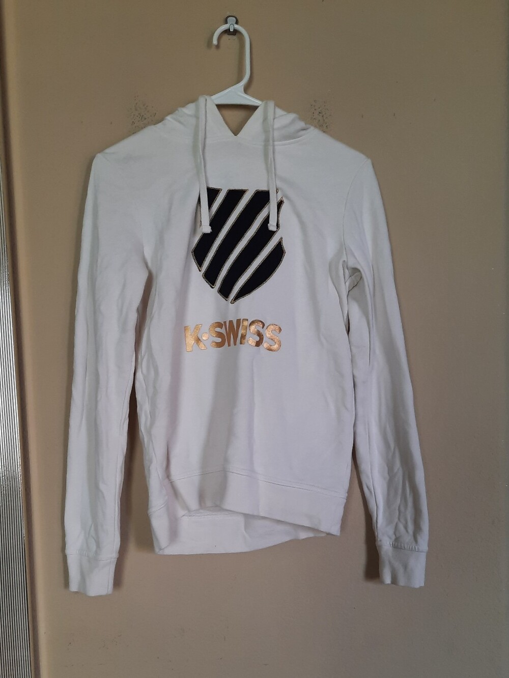 K-Swiss White Hooded Sweater with Navy Shield and Gold Logo